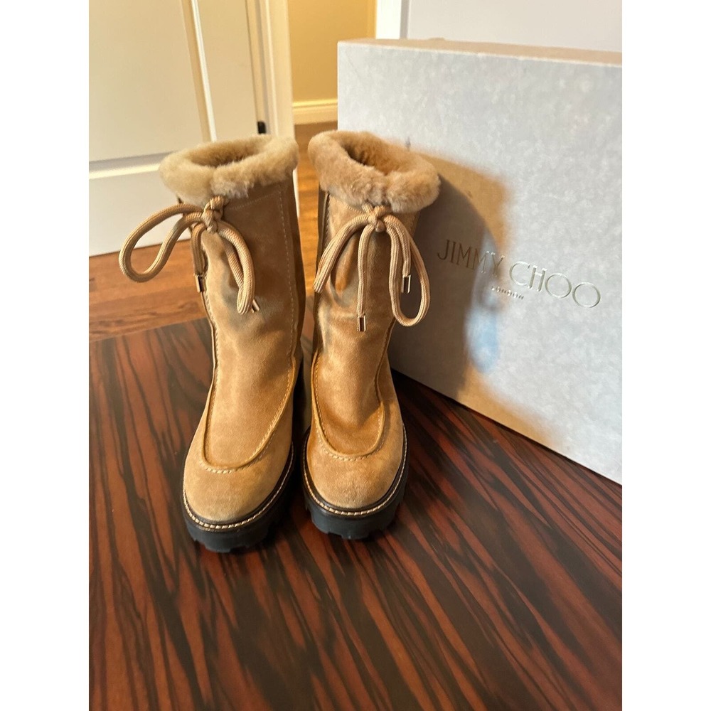 Jimmy Choo Tan Suede Shearling-Trim Lace-Up Lug Ankle Boots